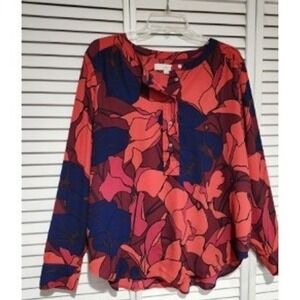 Ann Taylor LOFT Womens Floral Abstract Henley Blouse Coral Navy Long Sleeve M